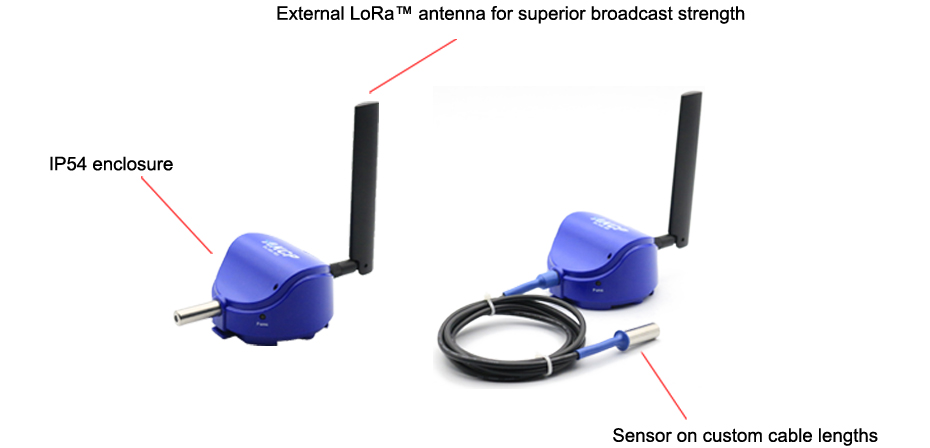 External Lora™ antenna for superior broadcast strength, IP65 enclosure, Sensor on custom cable lengths