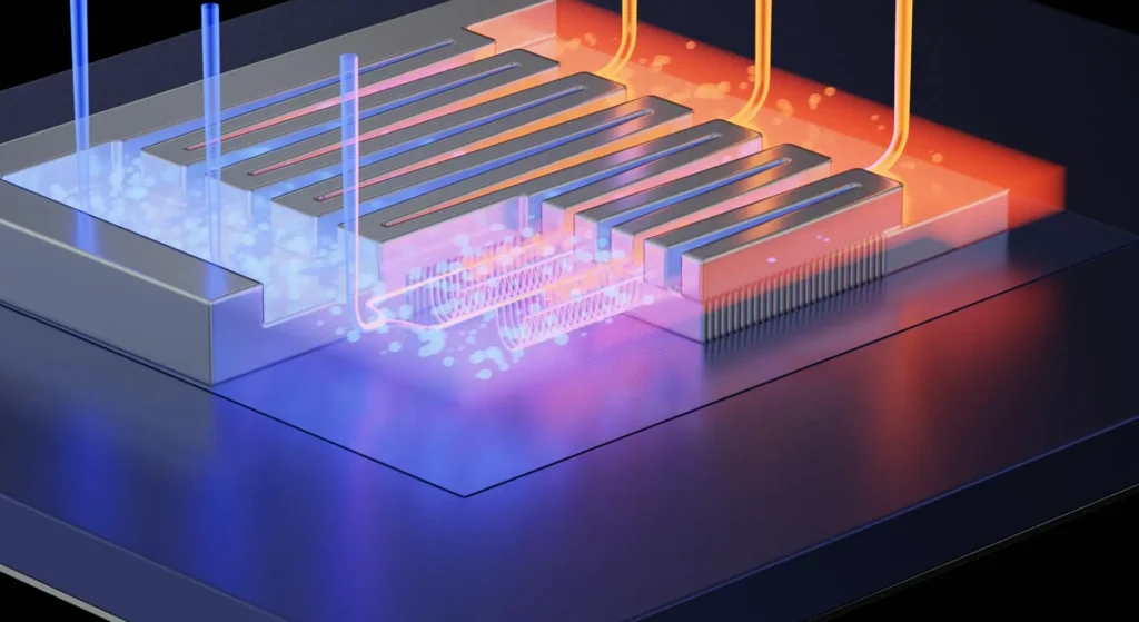 By integrating microfluidic channels within a semiconductor chip, heat can be extracted from targeted areas using a cooling liquid. Credit: EPFL 2020