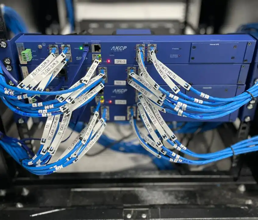 sensorProbeX+ devices rack mounted and connected with the In Line Power Meters