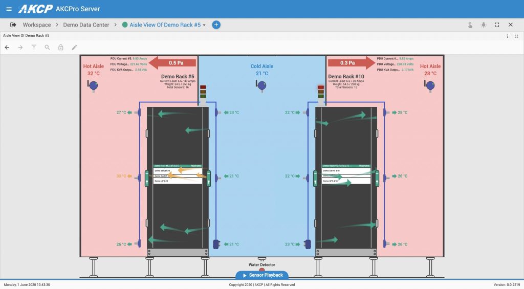 AKCPro Server data center hot and cold aisle containment sectional view with wireless sensors
