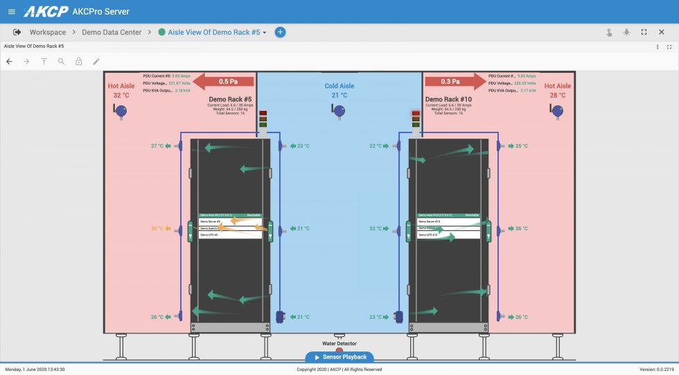 AKCPro Server rack maps and pressure maps displayed with sectional view of containment aisles.