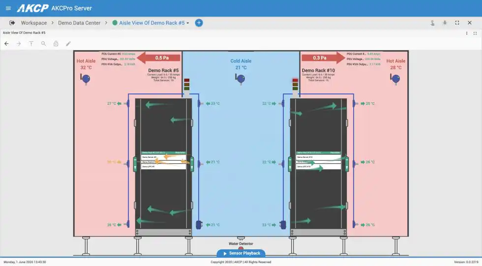 AKCPro Server rack maps and pressure maps displayed with sectional view of containment aisles.