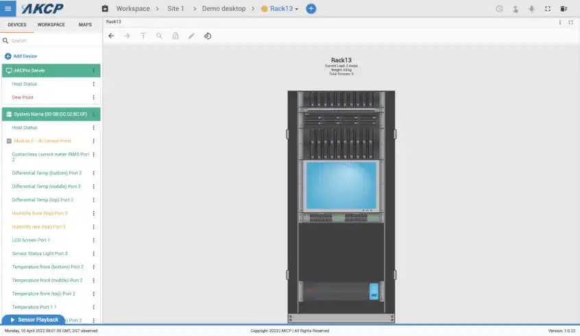 AKCPro Server 2D representation of assets installed in IT rack