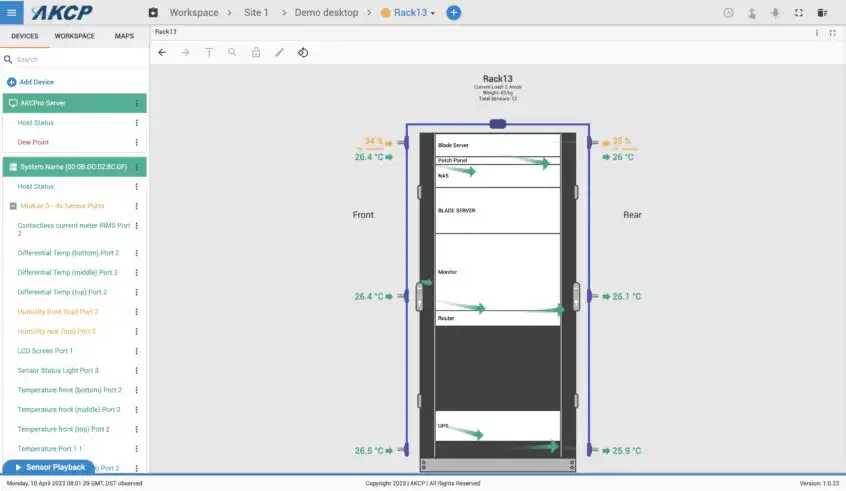 2D rack map view with assets and sensor data from cabinet thermal maps