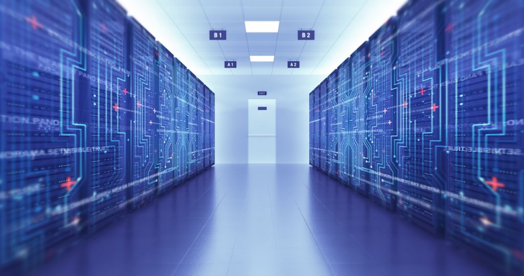 Server Racks In a Modern Data Center. Computer Racks All Around.