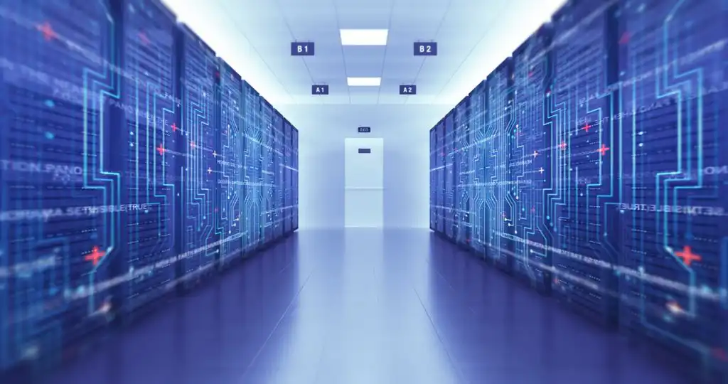 Server Racks In a Modern Data Center. Computer Racks All Around.