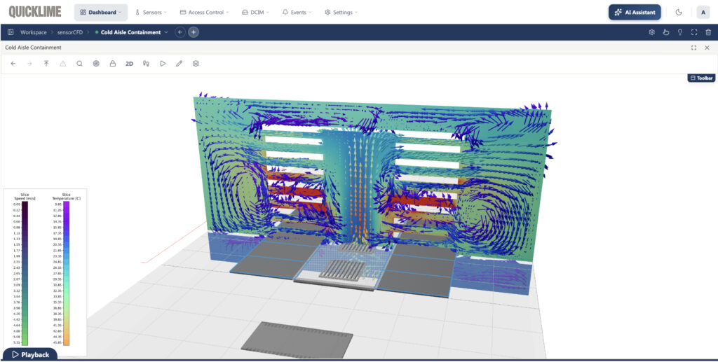 Fig. 1. Example of a cold aisle sensorCFD output with hotspots
