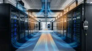 Visualization of airflow in a data center with blue lines for cool air and orange for warm air