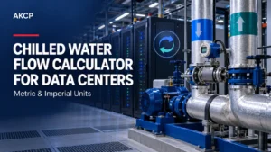 AKCP chilled water flow calculator header showing data center racks, insulated piping and a circulation pump.