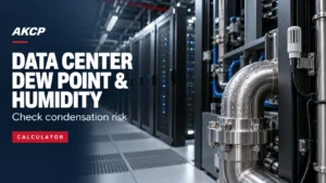 Data center dew point and humidity calculator header showing condensation on a cooling pipe beside server racks.