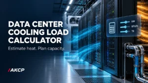 AKCP data center cooling load calculator header showing server racks, cooling airflow and capacity controls.