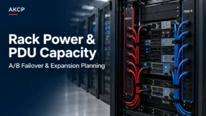 Server rack with dual A/B power feeds illustrating rack power capacity and failover planning.