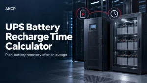 UPS and battery cabinets with charging and clock icons, illustrating battery recharge time after an outage.