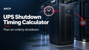 UPS and server racks with clock and power icons, illustrating orderly shutdown timing.
