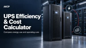 UPS cabinets with electricity and cost icons, illustrating energy efficiency and operating cost comparison.