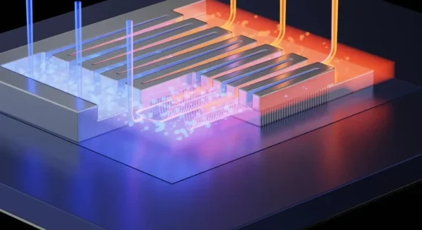 Transistor-Integrated-Cooling.jpg-768×419 By integrating microfluidic channels within a semiconductor chip, heat can be extracted from targeted areas using a cooling liquid. Credit: EPFL 2020